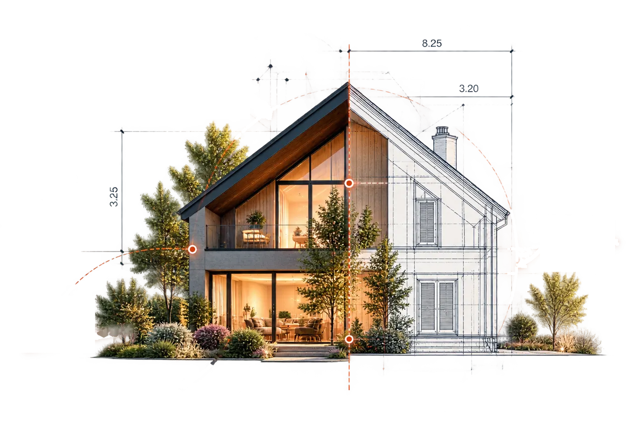 Illustration : une maison dont la moitié gauche est photographiée et la moitié droite dessinée comme un plan d'architecte.